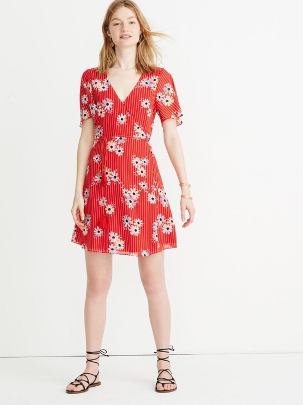 Madewell Red Floral V-Neck Mini Dress